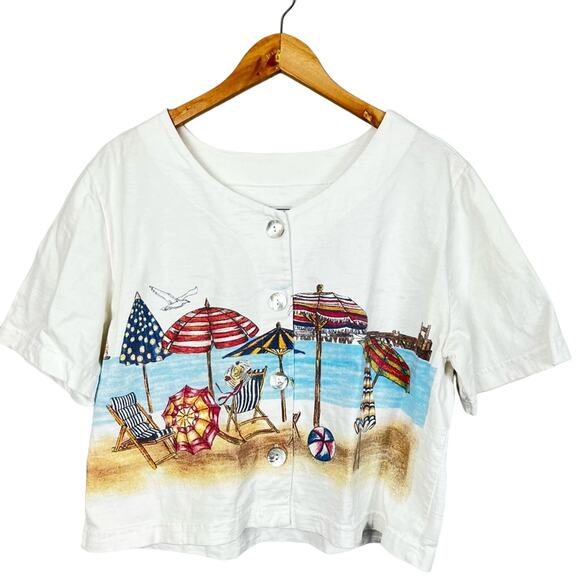VINTAGE Y2K Go Nutz Beach Print Cotton Button Up T-Shirt Sz XL Coastal Grandma - Picture 2 of 8